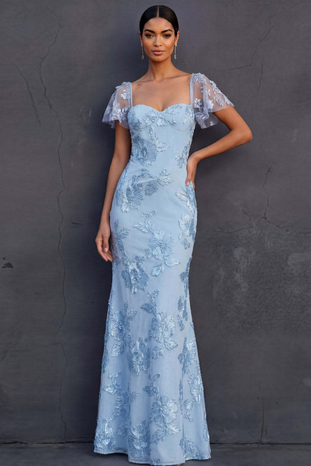 White Mermaid Floral Appliqued Long Engagement Dress with Sleeves