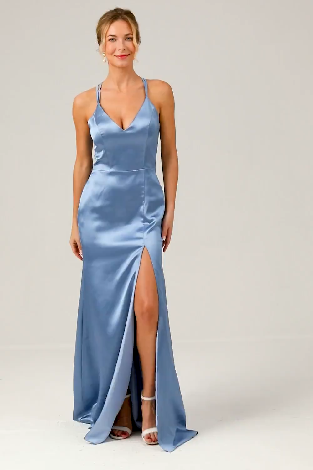 Blue Mermaid Spaghetti Straps V-Neck Satin Bridesmaid Dress with Slit