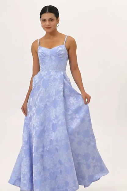 Blue Corset Floral A Line Jacquard Maxi Wedding Guest Dress with Slit