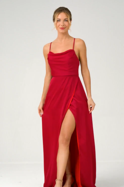 Burgundy Spaghetti Straps A-Line Bridesmaid Dress with Slit