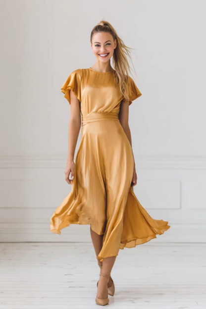 Yellow Flutter Sleeves A Line Satin Midi Bridesmaid Dress