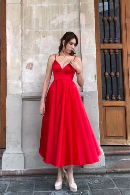 Red Satin A-Line Spaghetti Straps Tea Length Formal Dress