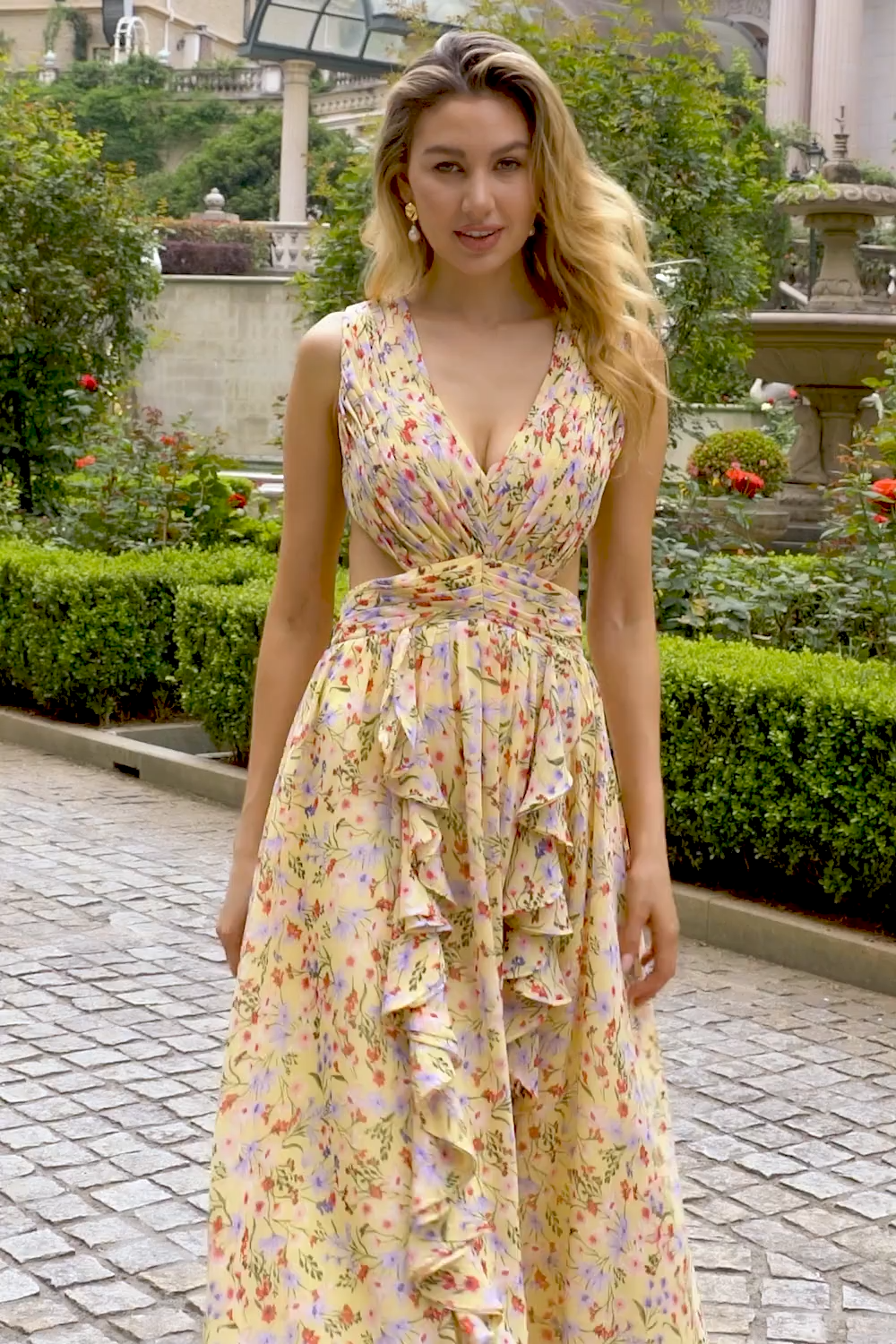 Yellow Small Flower A Line V Neck Pleated Ruffles Wedding Guest Dress