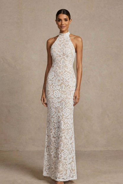 White Mermaid Lace Floral Long Wedding Reception Dress