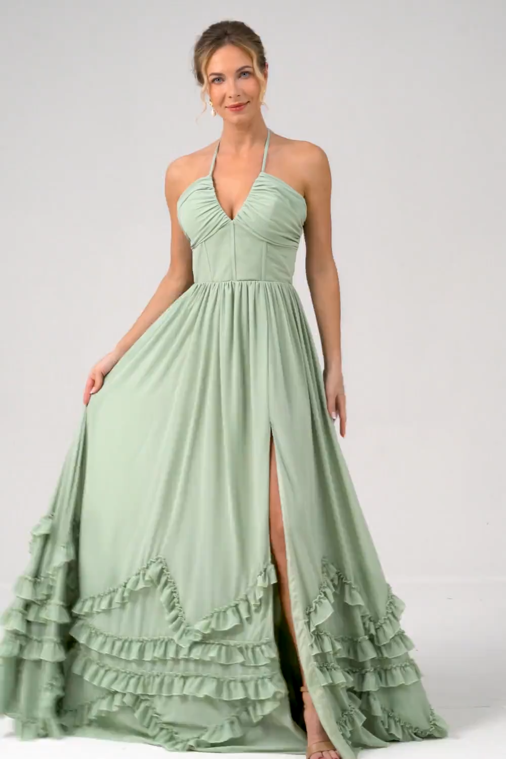 Dusty Sage Halter Ruffled Bridesmaid Dress with Slit