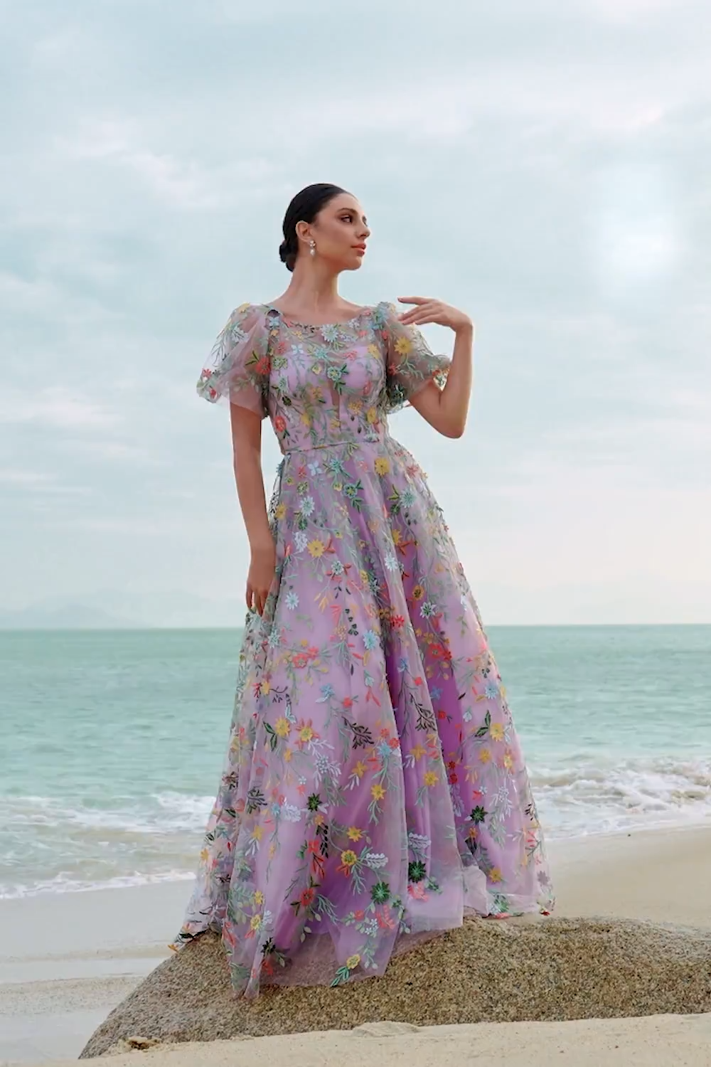 Mauve Ball-Gown/Princess Embroidered Prom Dress with Short Sleeves