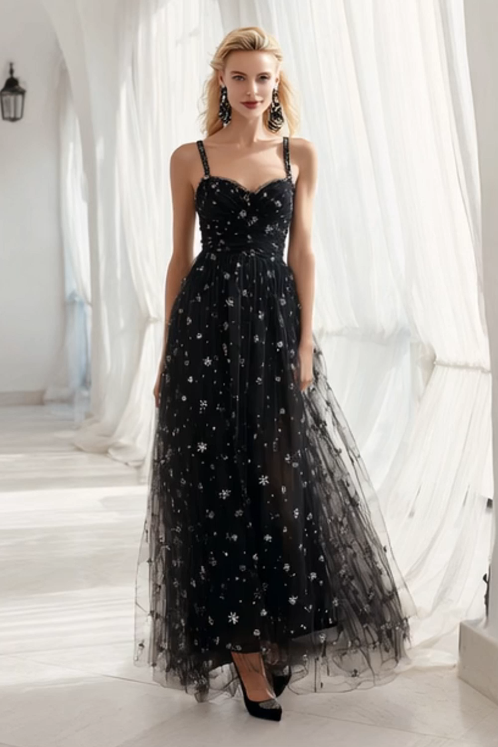 Black White Tulle Spaghetti Straps Snowflake A Line Long Wedding Guest Dress