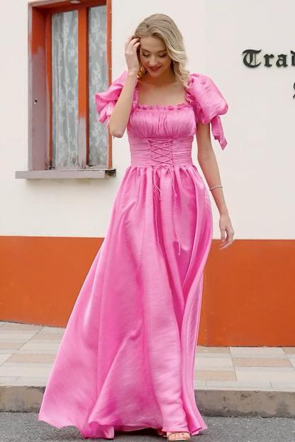 Princess A Line Square Neck Hot Pink Long Prom Dress with Puff Sleeves