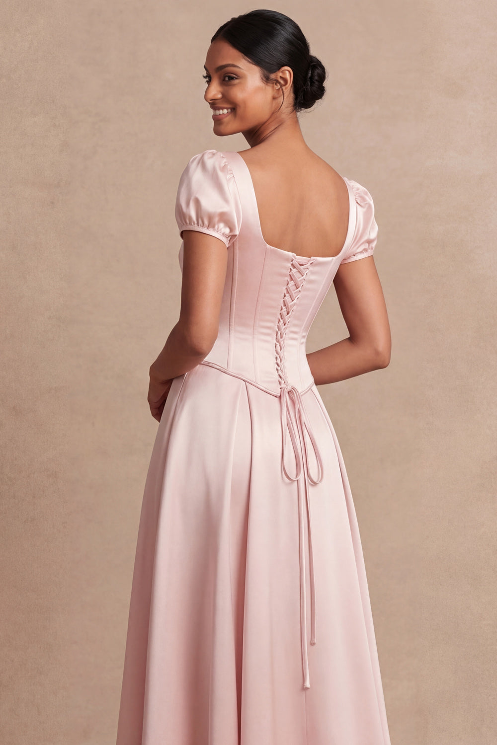 Satin Pink A Line Corset Puff Sleeves Long Wedding Guest Dress