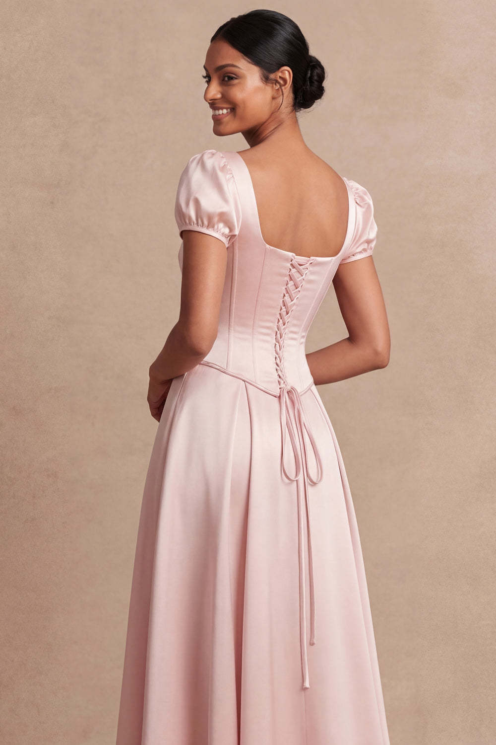 Satin White A Line Corset Puff Sleeves Long Engagement Dress