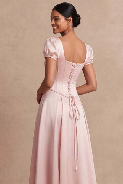 Satin White A Line Corset Puff Sleeves Long Engagement Dress