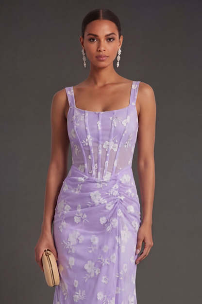 Blue Floral Sheath Thick Straps Corset Ruched Midi Beach Wedding Guest Dress