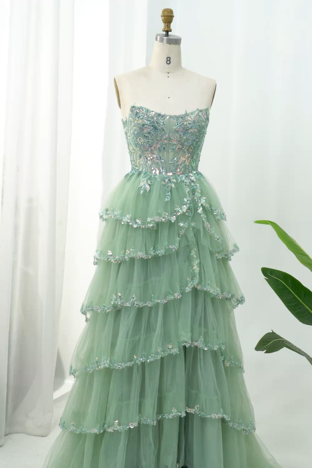 Sparkly Dark Red Sequins Corset Tiered Maxi Prom Dress with Slit