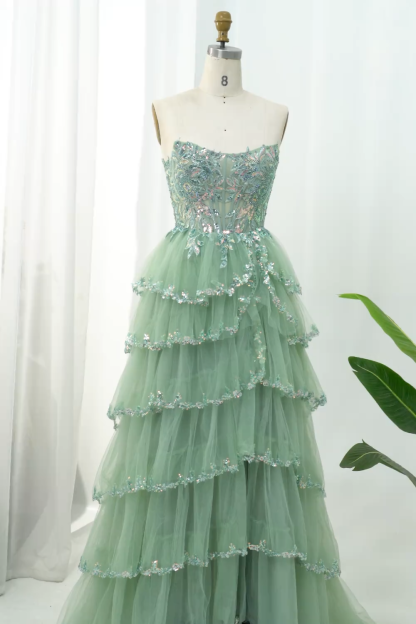 Sparkly Dark Red Sequins Corset Tiered Maxi Prom Dress with Slit