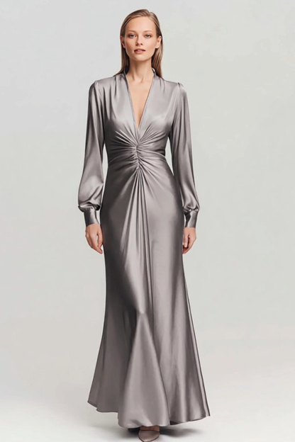 Maxi Grey Satin V Neck Ruched Formal Dress with Sleeves