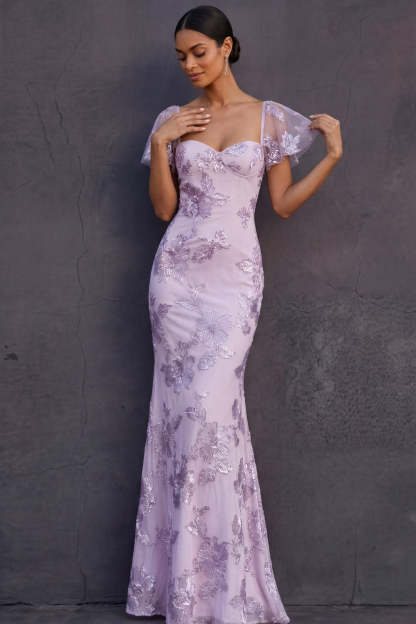 White Mermaid Floral Appliqued Long Engagement Dress with Sleeves