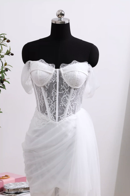 Ivory Mini Corset Bodycon Lace Bridal Shower Dress with Drape