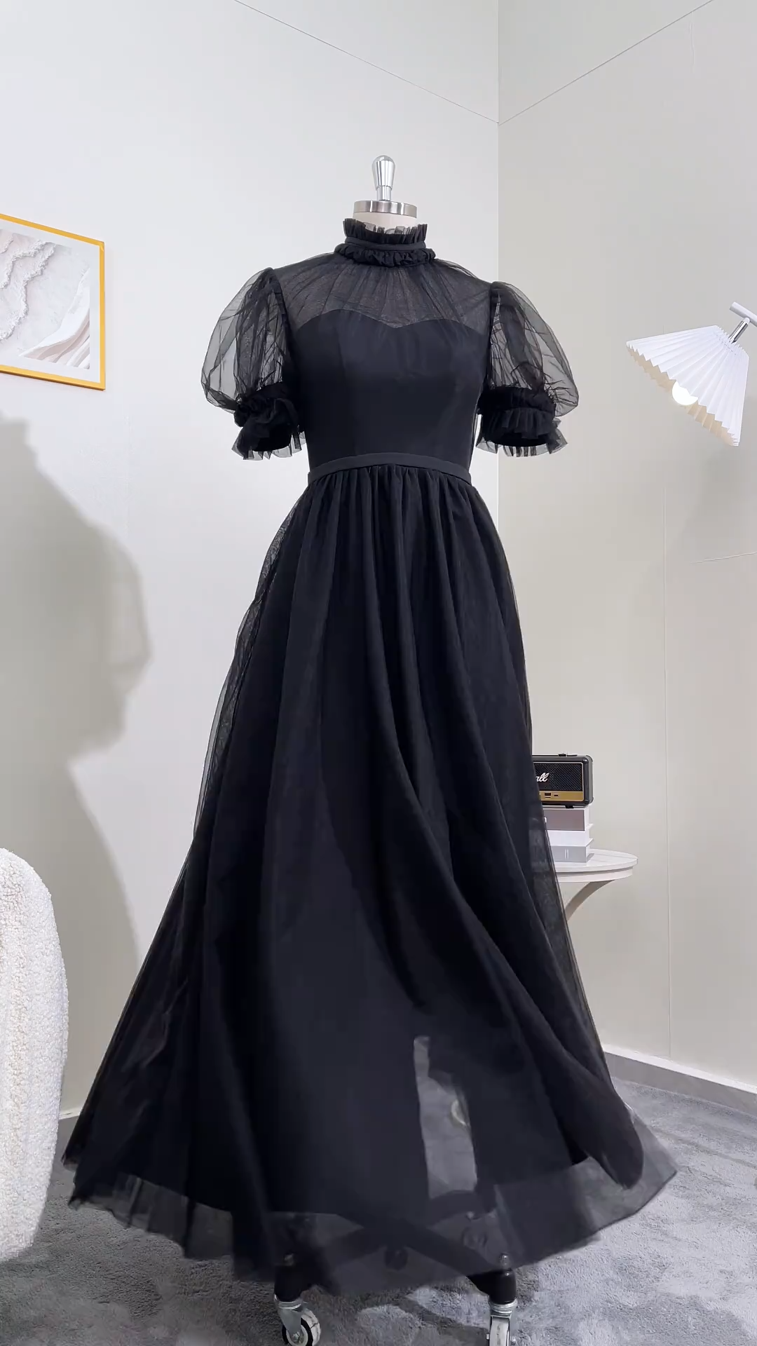Black High Neck A Line Long Evening Dress with Pockets