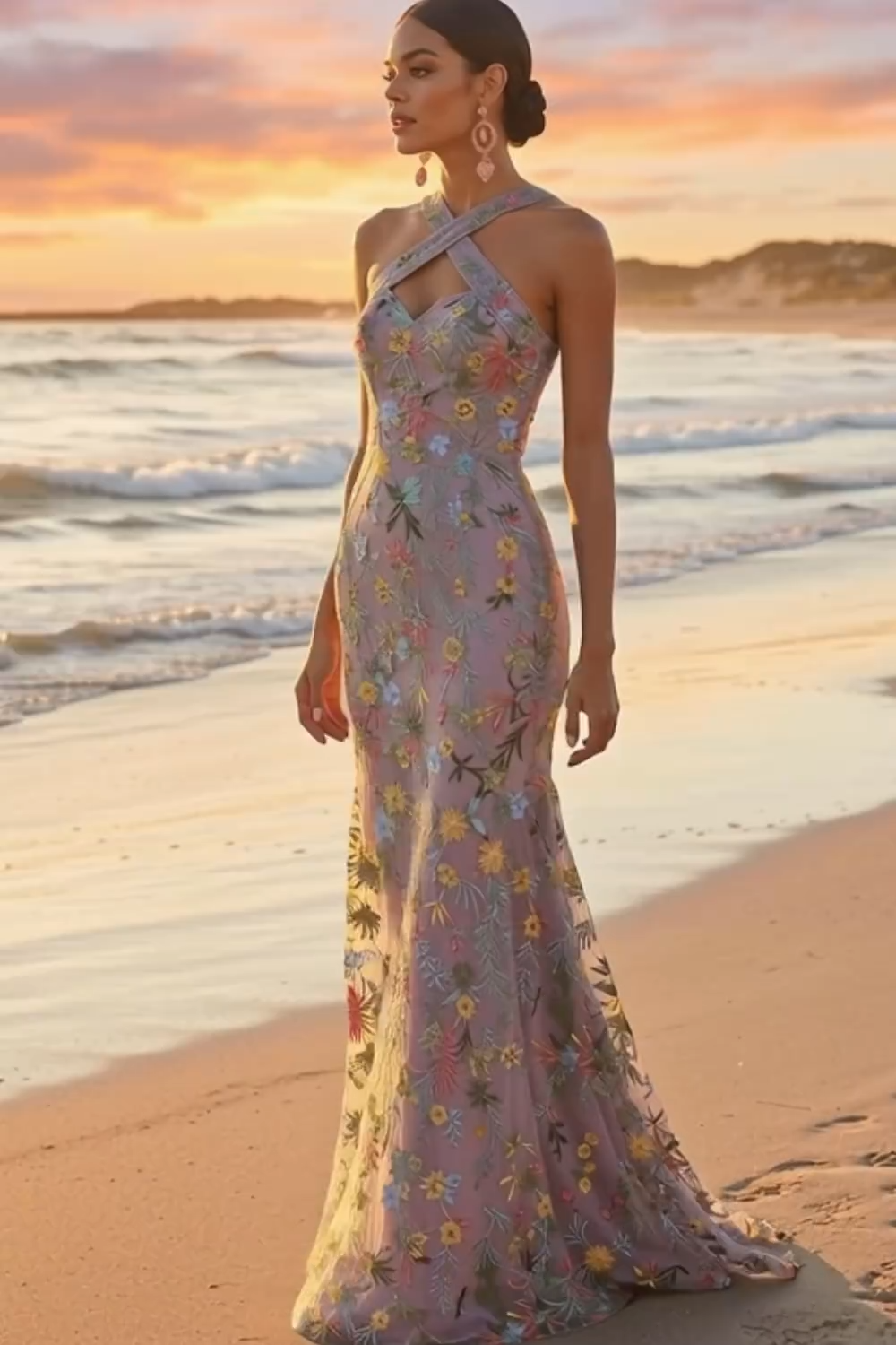 Plus Size Floral Mauve Mermaid Criss Cross Neck Maxi Prom Dress with Embroidery