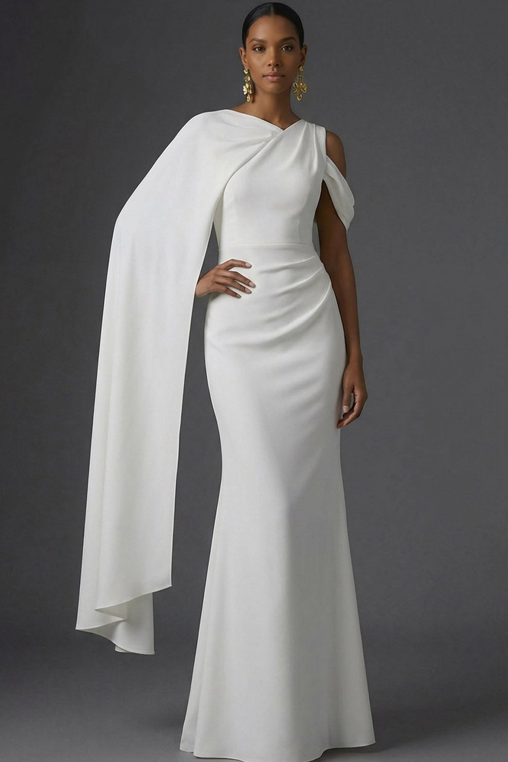 Dusty Sage Mermaid One Shoulder Long Wedding Guest Dress with Cape