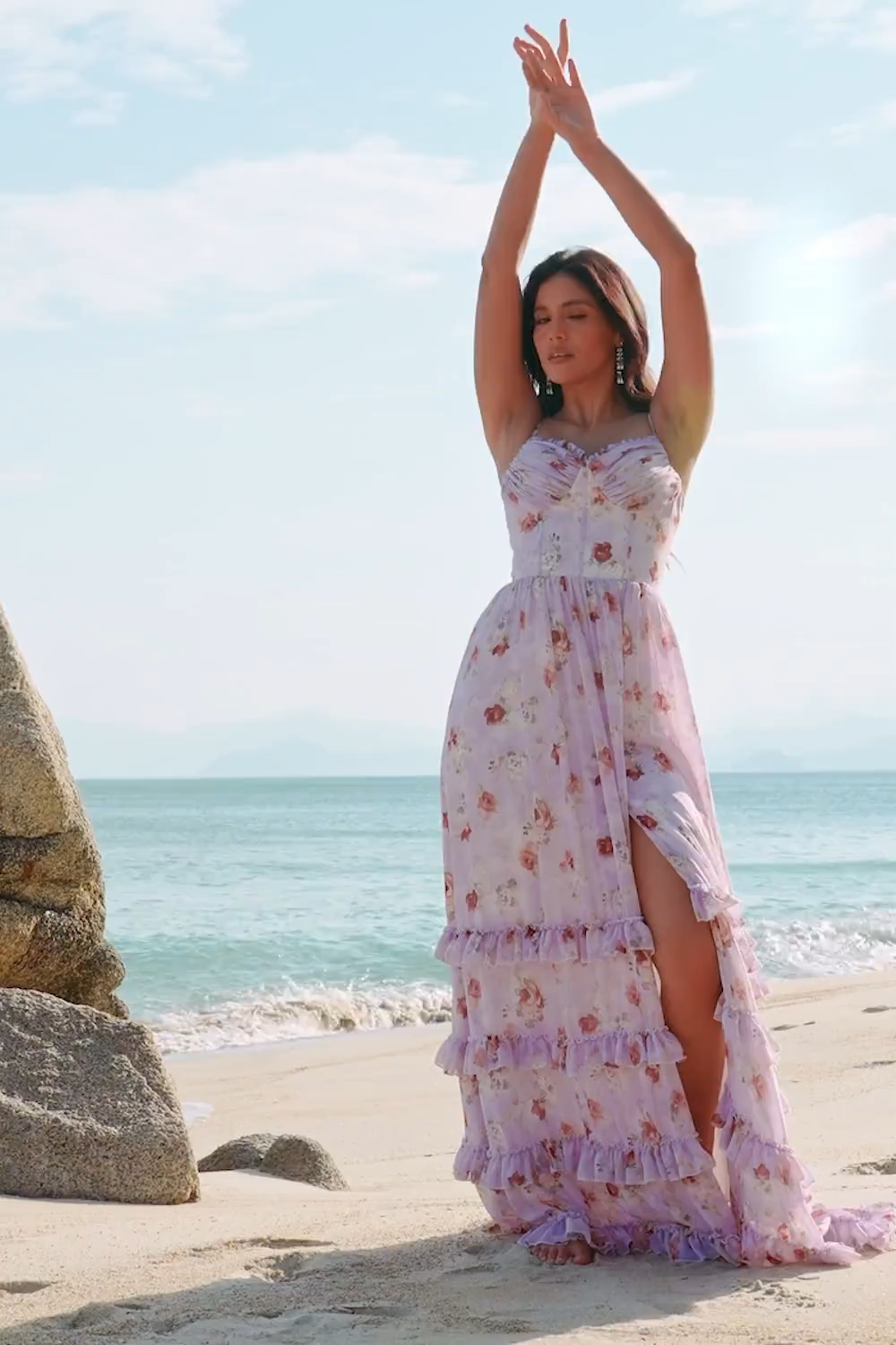 Grey Purple Floral Corset Ruffled A-Line Bridesmaid Dress with Slit