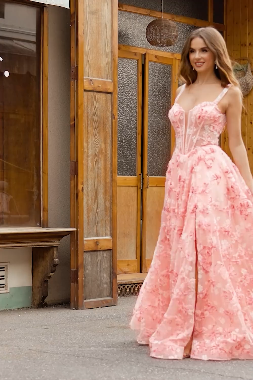 Princess Pink Applique Corset A-Line Floral Prom Dress with Slit