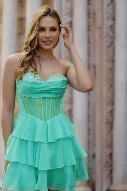 Green Sweetheart Tiered Corset Short Homecoming Dress with Ruffles