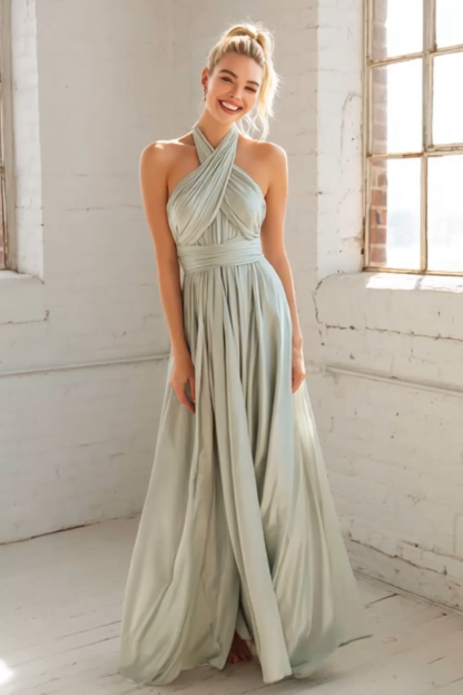 Sage Green Criss Cross Halter A Line Chiffon Maxi Bridesmaid Dress