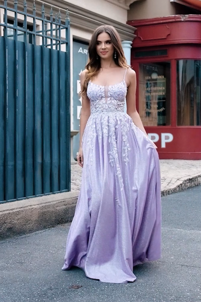 Glitter Lilac A Line Spaghetti Straps Long Prom Dress With Beading