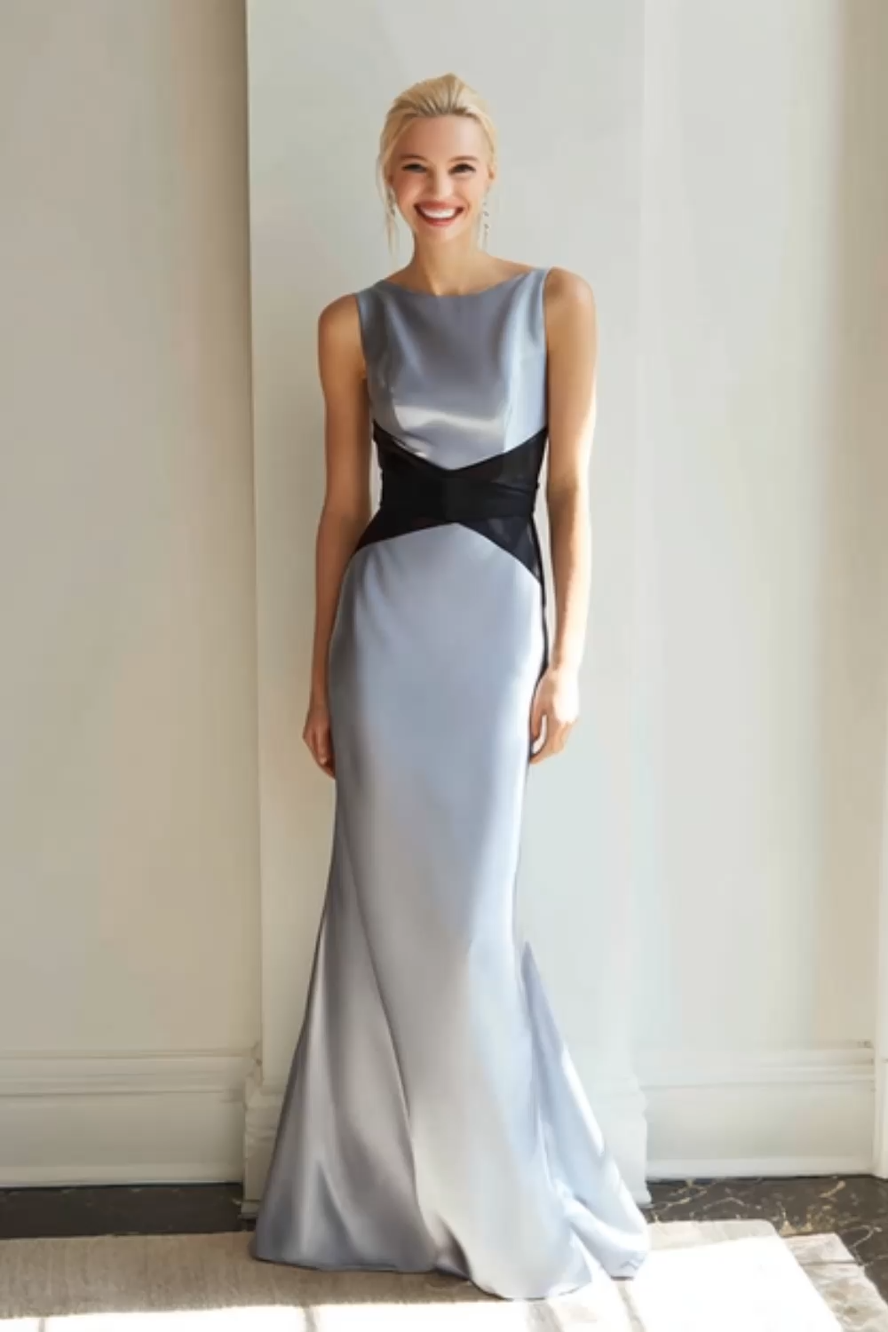 Grey Blue Black Satin Mermaid Boat Neck Maxi Wedding Guest Dress