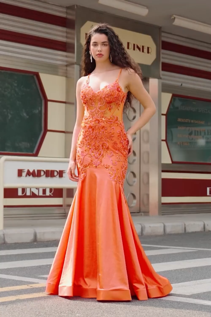 Orange Mermaid Corset Beaded Long Prom Dress