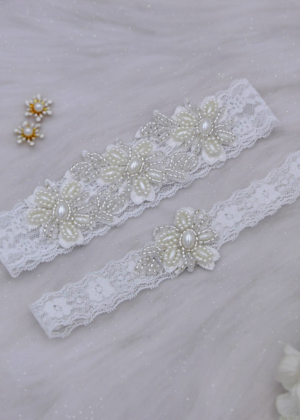Beaded Flower Lace Garter Set