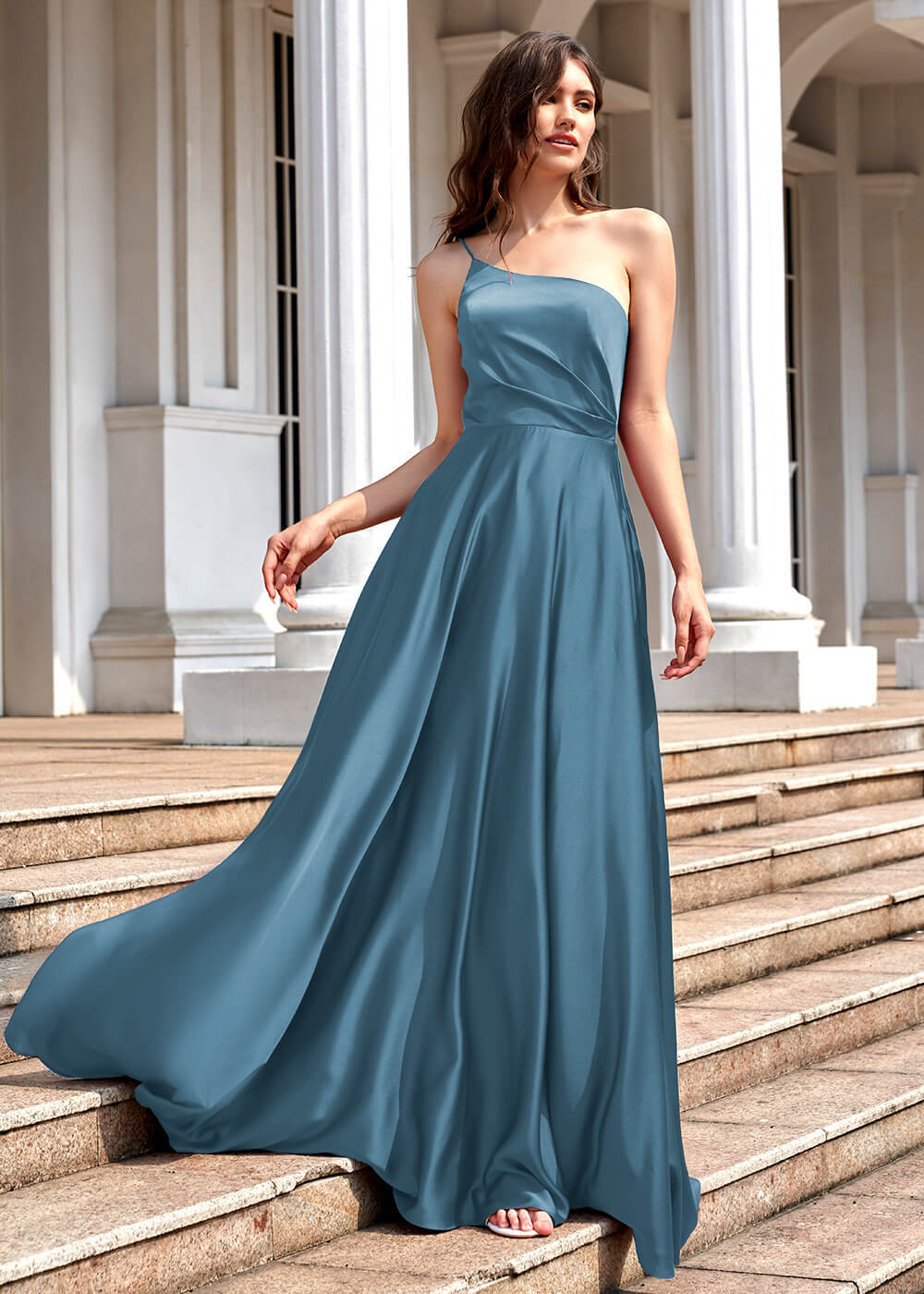 A-line Long One Shoulder Pleated Satin Bridesmaid Dress