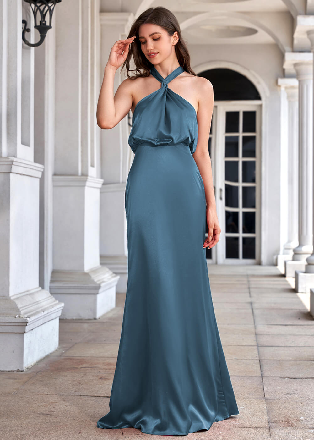 Halter Neck Sheath Satin Floor Length Bridesmaid Dress