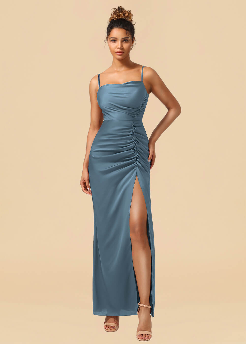 Sheath Satin Pleated Adjustable Spaghatti Strap Maxi Bridesmaid Dress