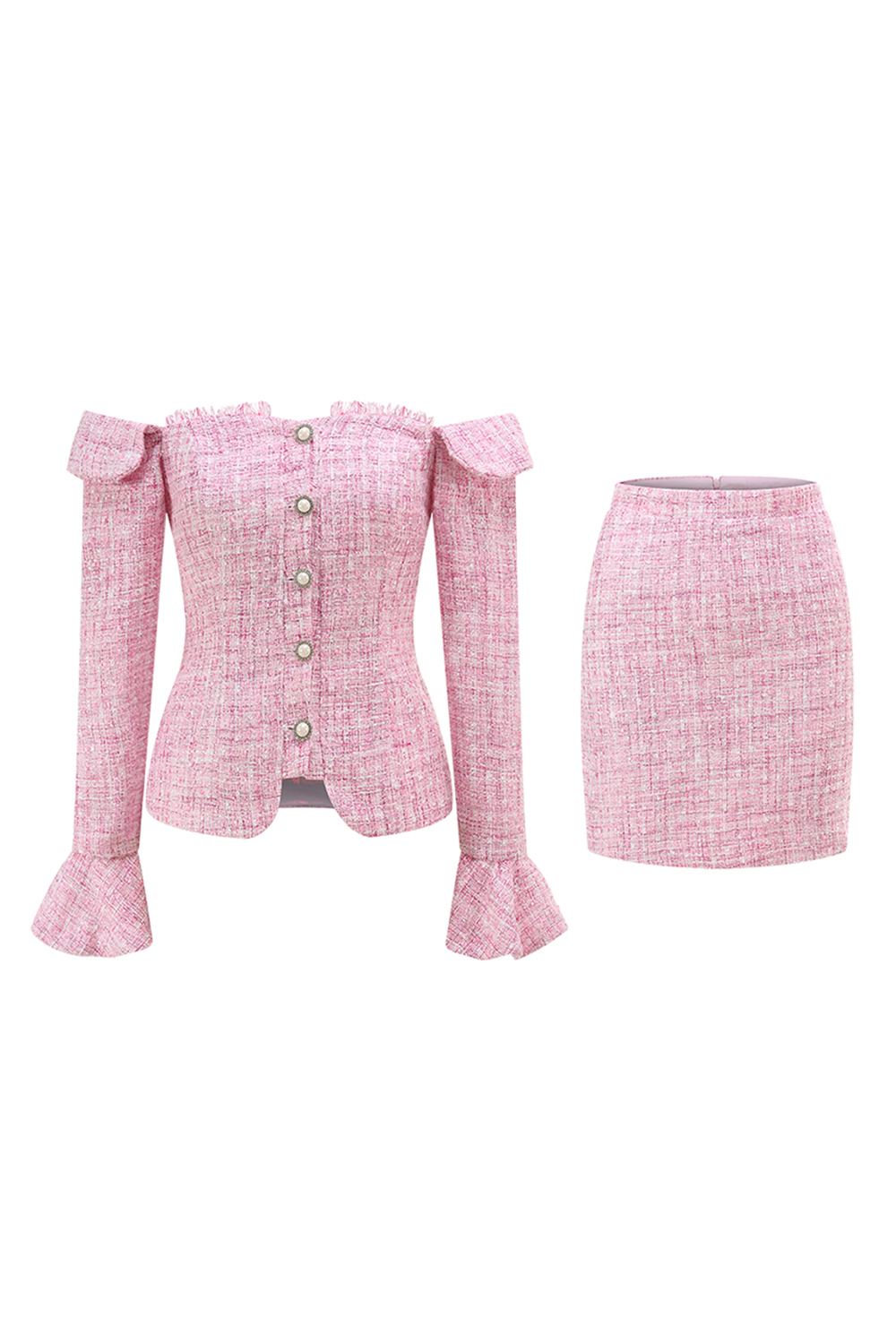 Pink Off the Shoulder 2 Piece Tweed Pencil Homecoming Outfits