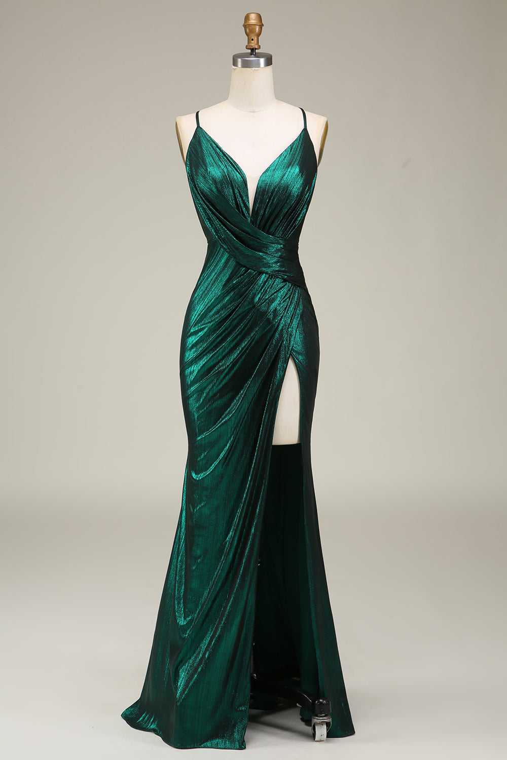 Sheath Spaghetti Straps Dark Green Maxi Prom Dress with High Slit