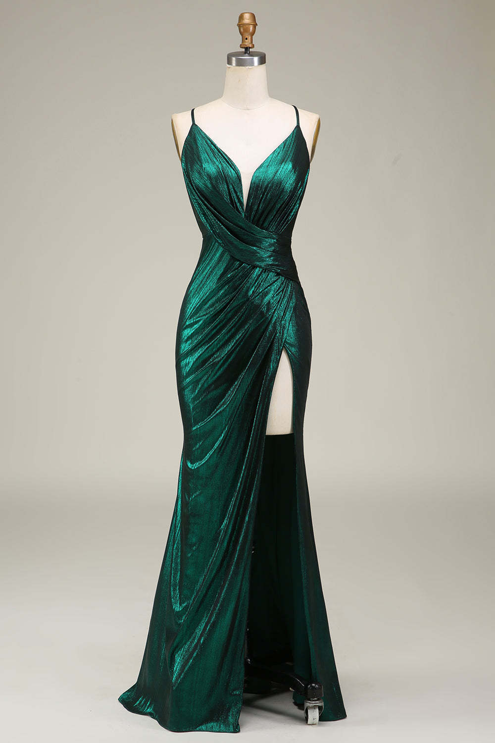 Sheath Spaghetti Straps Dark Green Maxi Prom Dress with High Slit