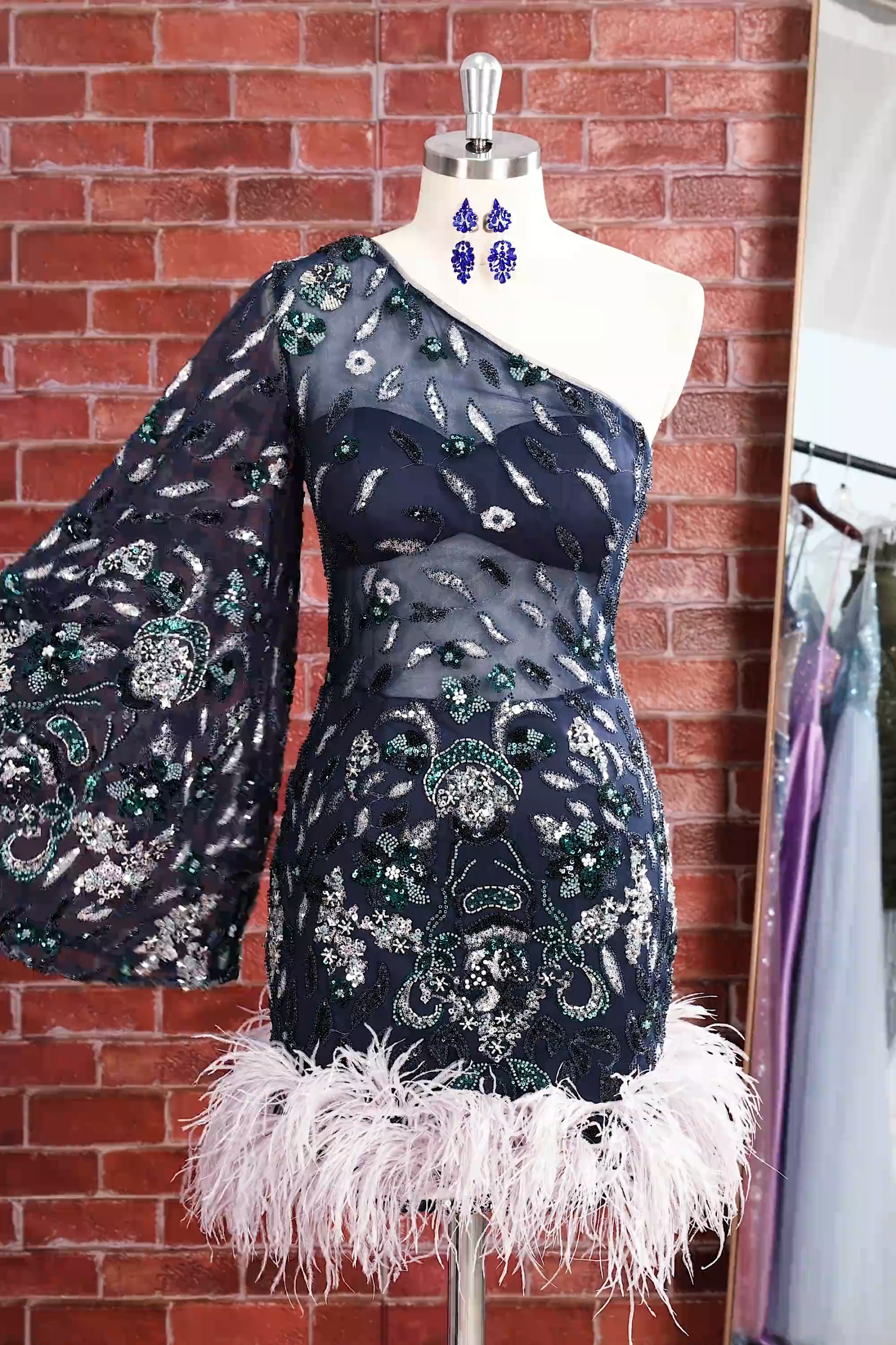 Navy Sparkly Sequins Floral One Shoulder Short Homecoming Dress with Feather