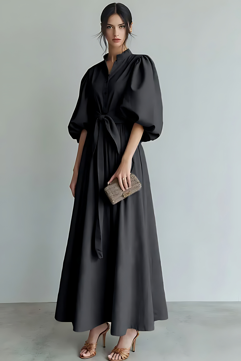 Ivory Puff Sleeves A Line Maxi Formal Dress with Sash