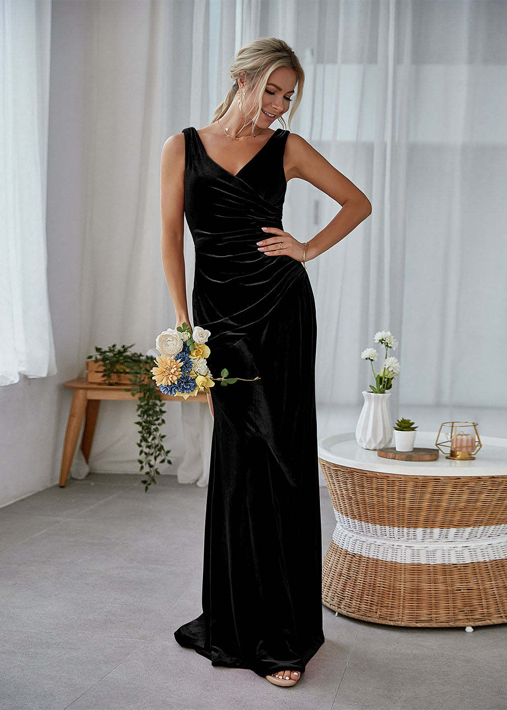 Sheath Long Velvet Bridesmaid Dress