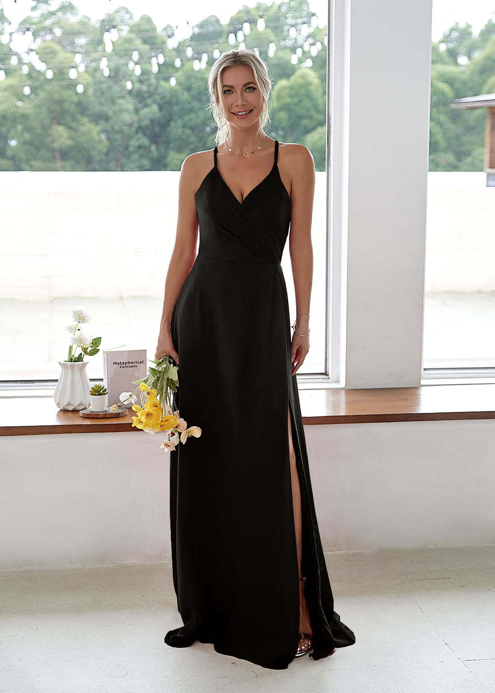 V-neck High Slit Bridesmaid Dress