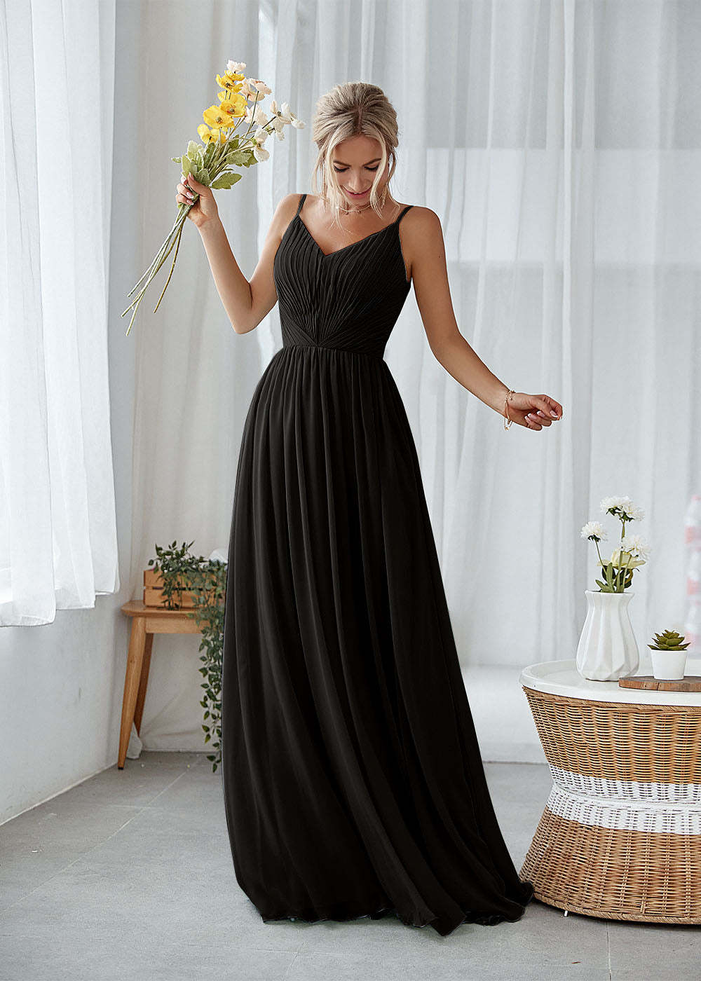 A-line V-neck Pleated Bridesmaid Dress