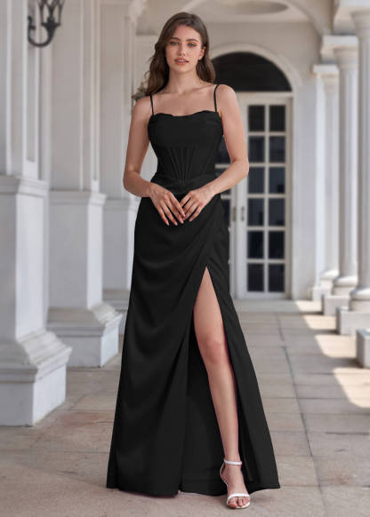 Spaghetti Strap Corset Crepe Sheath Floor Length Bridesmaid Dress