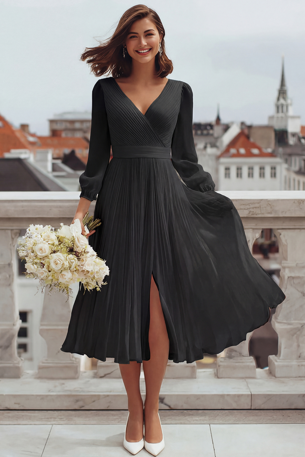 Ivory V-Neck A Line Midi Engagement Dress with Slit