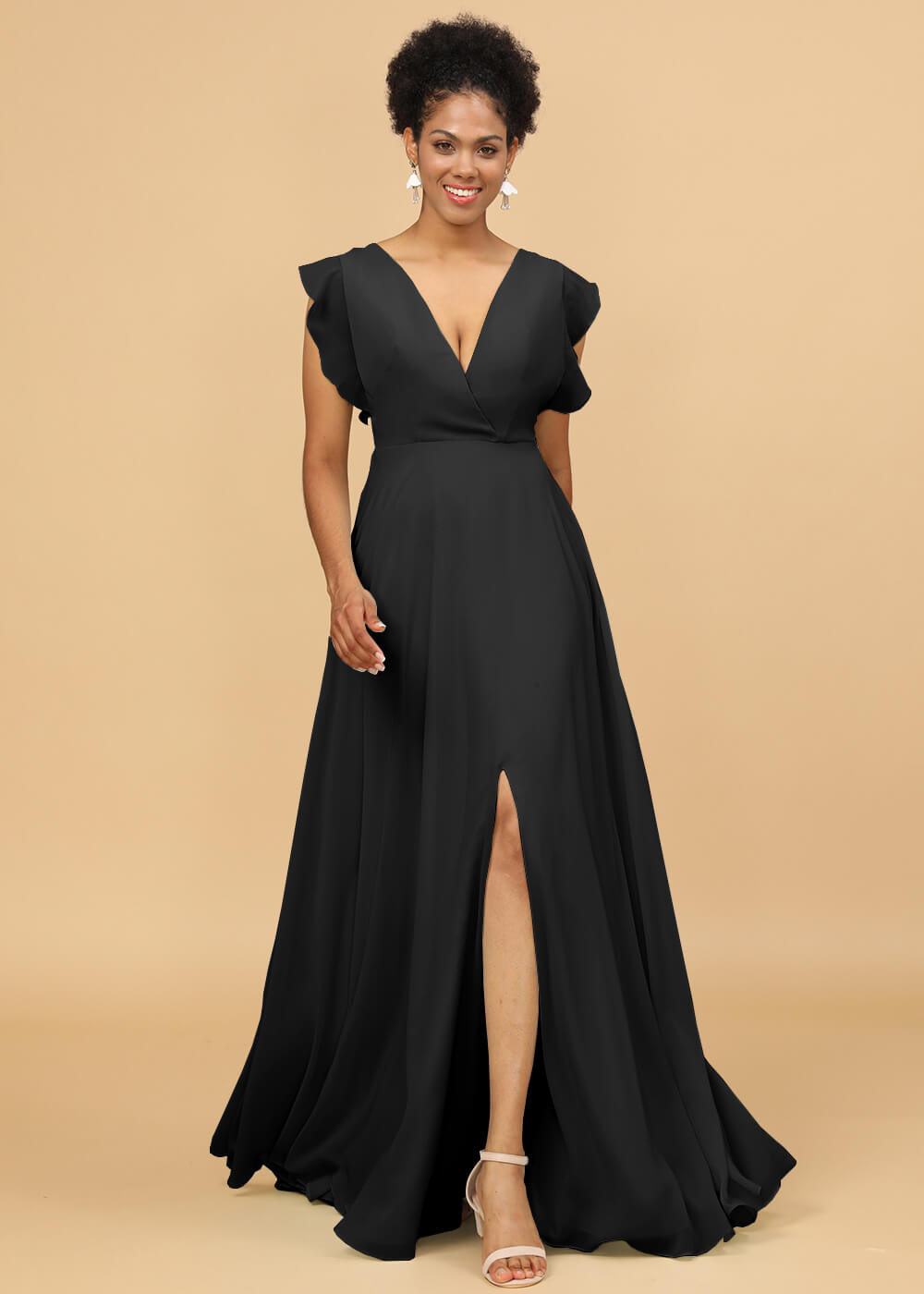 V-neck Ruffles Cap Sleeve Chiffon Bridesmaid Dress