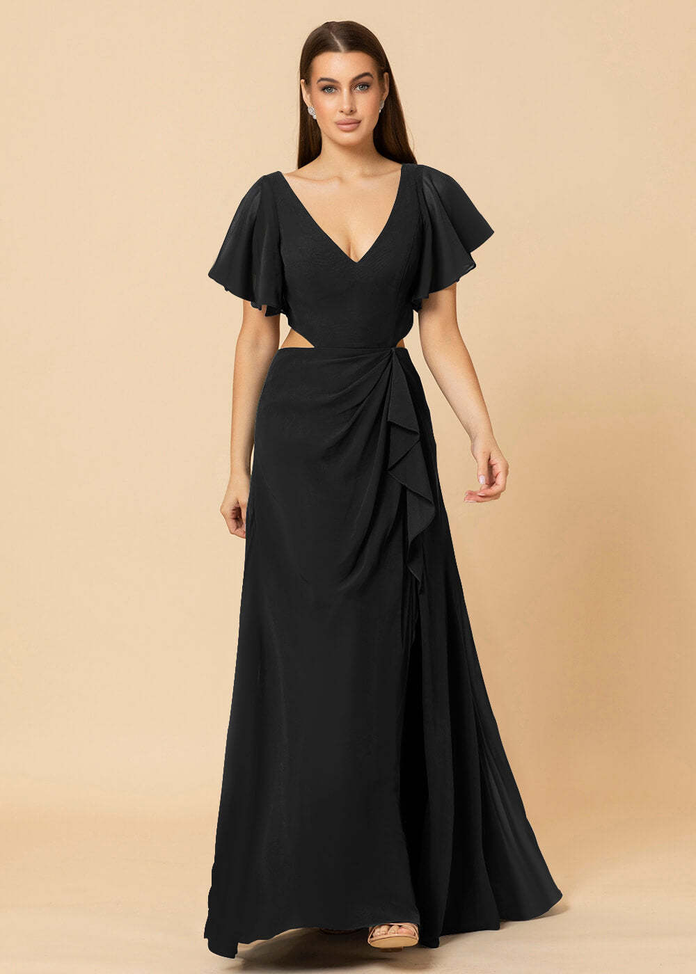 V-neck Waist Cut Out Floor Length Bridesmaid Dress