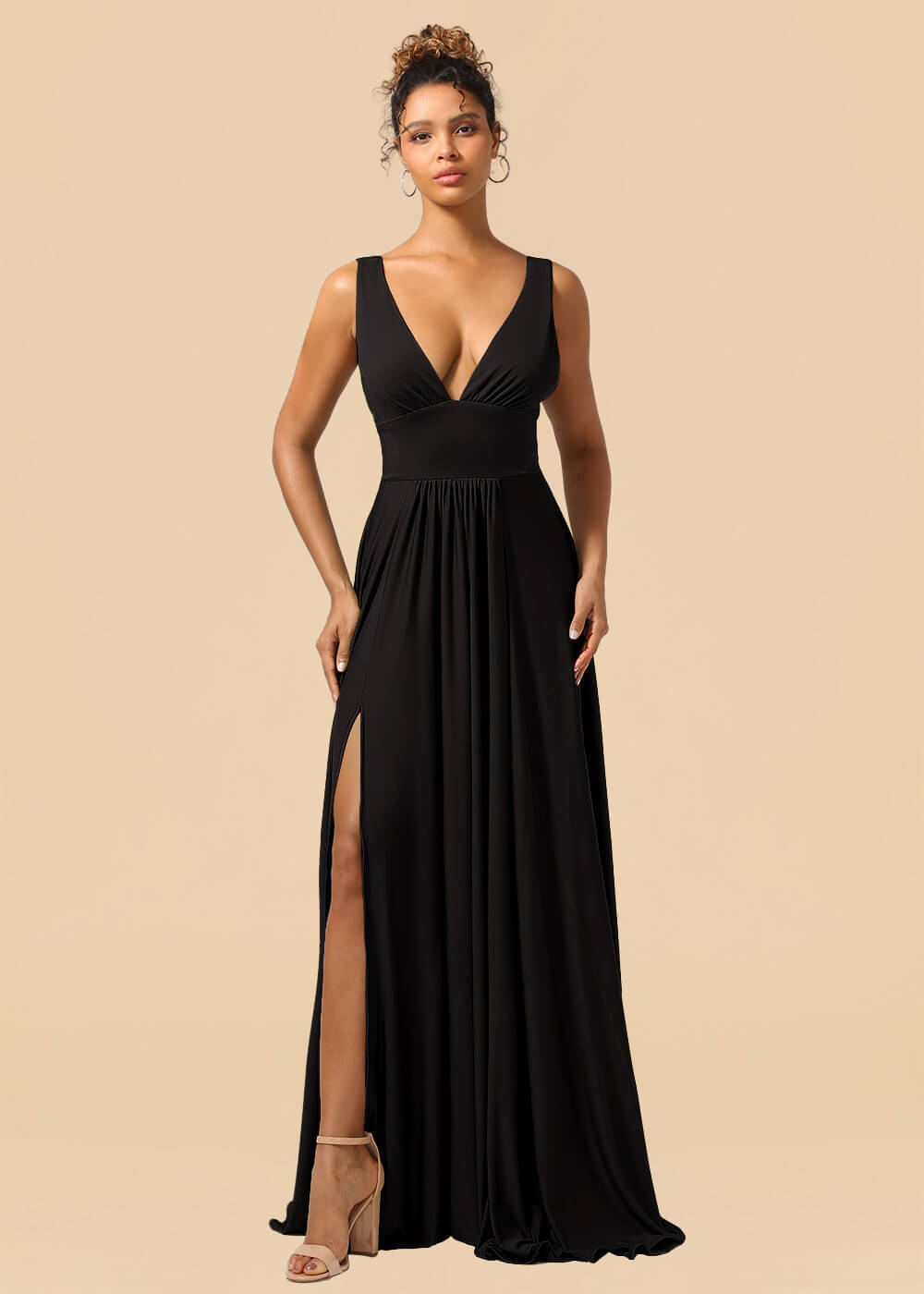 Deep V-neck Spandex A-line Maxi Bridesmaid Dress with Slit