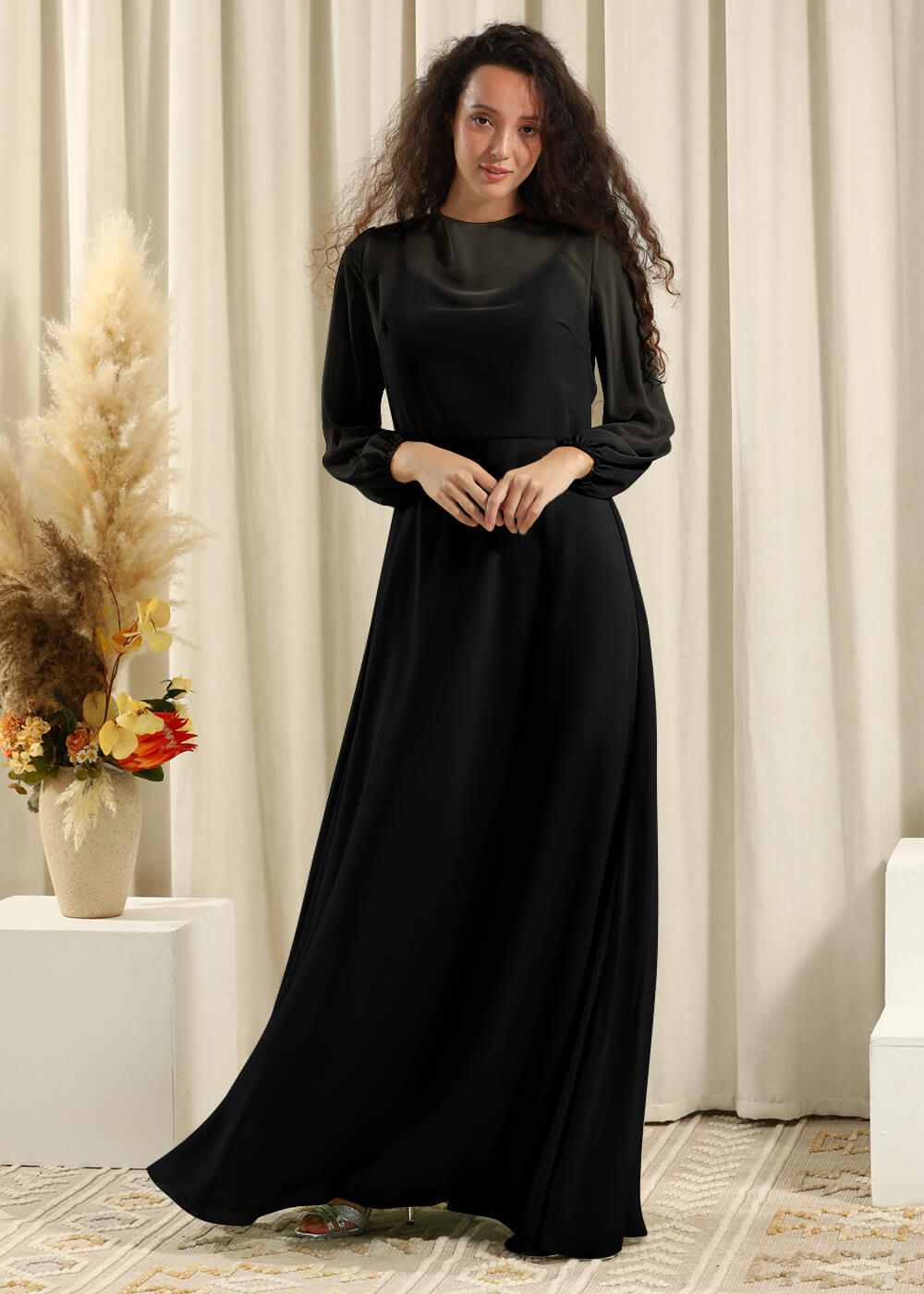 Long Sleeve A-line Chiffon Keyhole Back Bridesmaid Dress