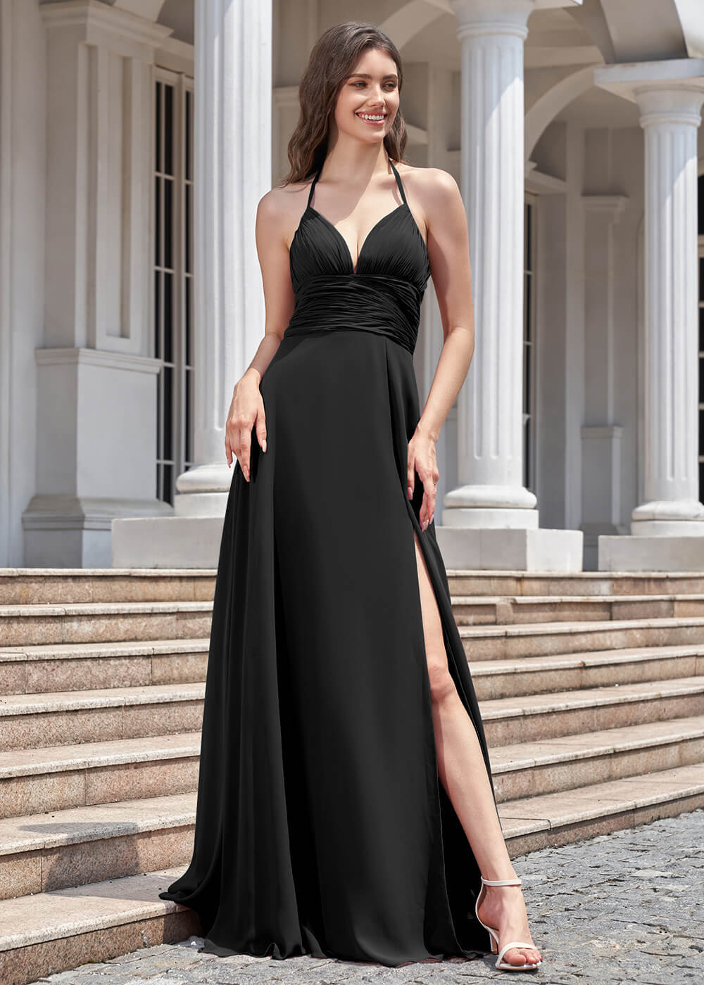 Deep V Halter Neck Pleated A-line Chiffon Long Bridesmaid Dress